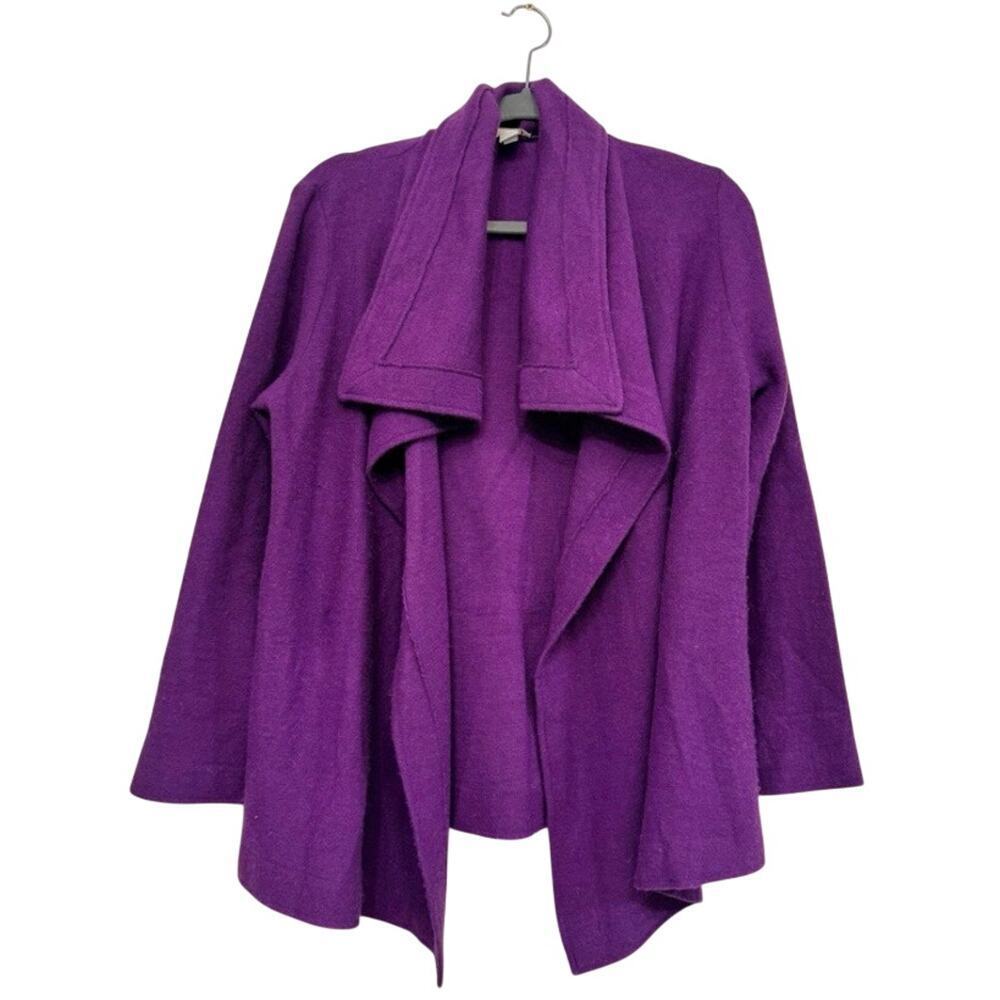 Chico’s 100% Wool Shawl Collar Open Knit Cardigan Purple Sz 1/Med Office Classic